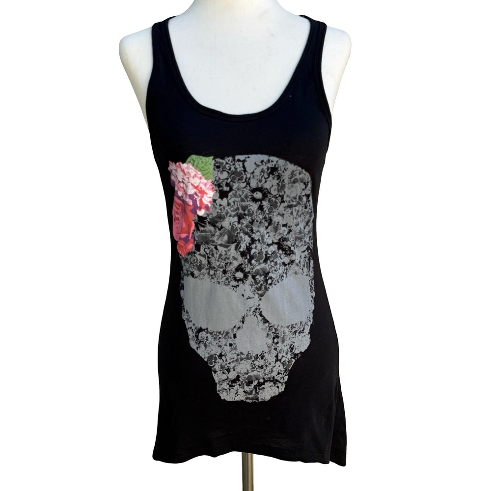 Pure Oxygen Dark Floral Skull Gothic Edgy Grunge Racerback Tank Black‎ Womens S
